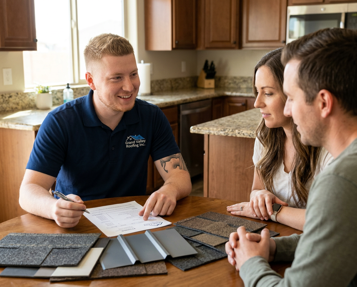 Grand Valley Roofing consultant reviewing material samples and an estimate with a homeowner couple at their kitchen table
