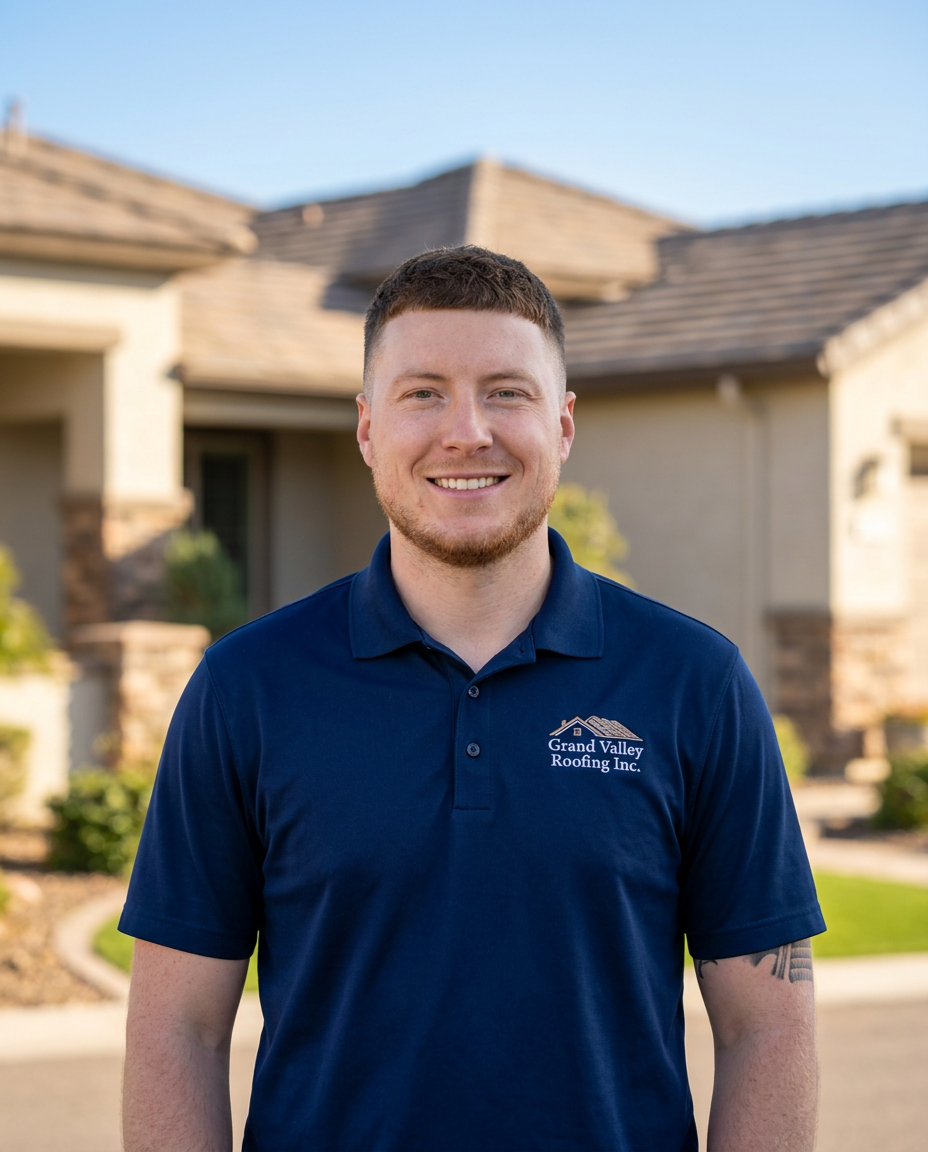Grand Valley Roofing Roofing Consultant in a company polo in front of a Southern California home