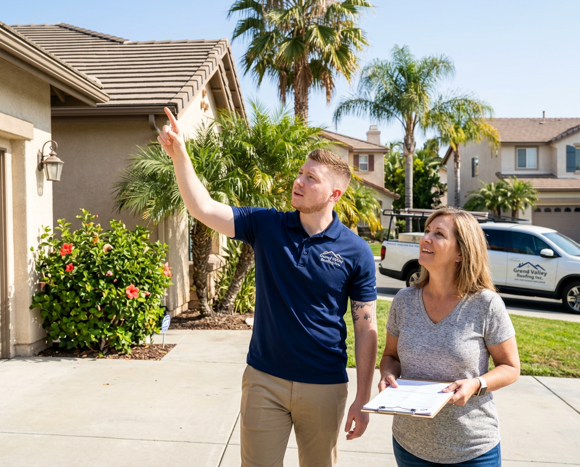 Consultant walking a property with a homeowner, reviewing the roofline