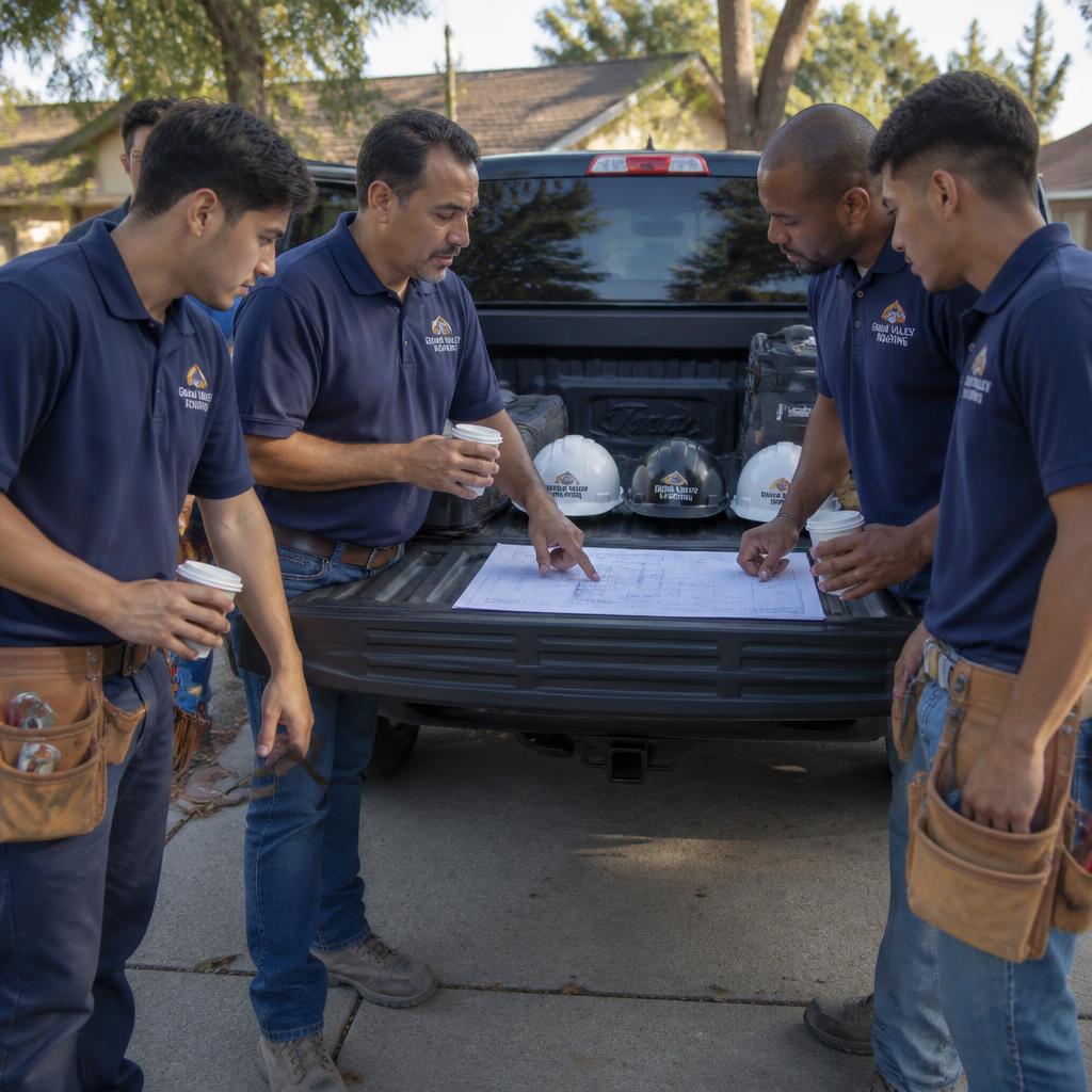 Grand Valley Roofing crew reviewing a printed roof plan before starting the installation